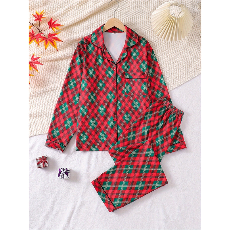 Christmas Women Fashion Plaid Print Pajamas Two-Piece Set