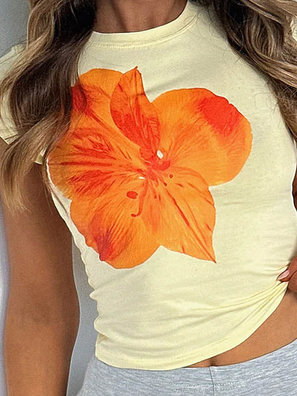 Short Sleeves Skinny Flower Print Round-Neck T-Shirts Tops