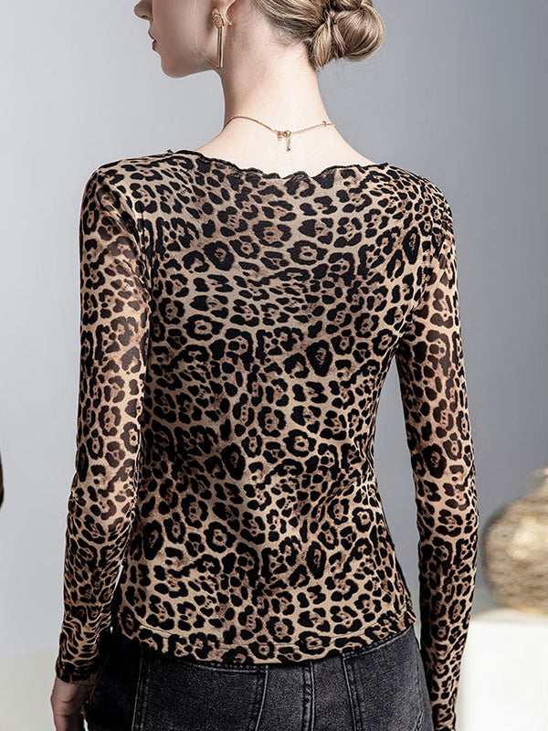 False Two Long Sleeves Leopard Pleated Split-Joint Boat Neck T-Shirts Tops