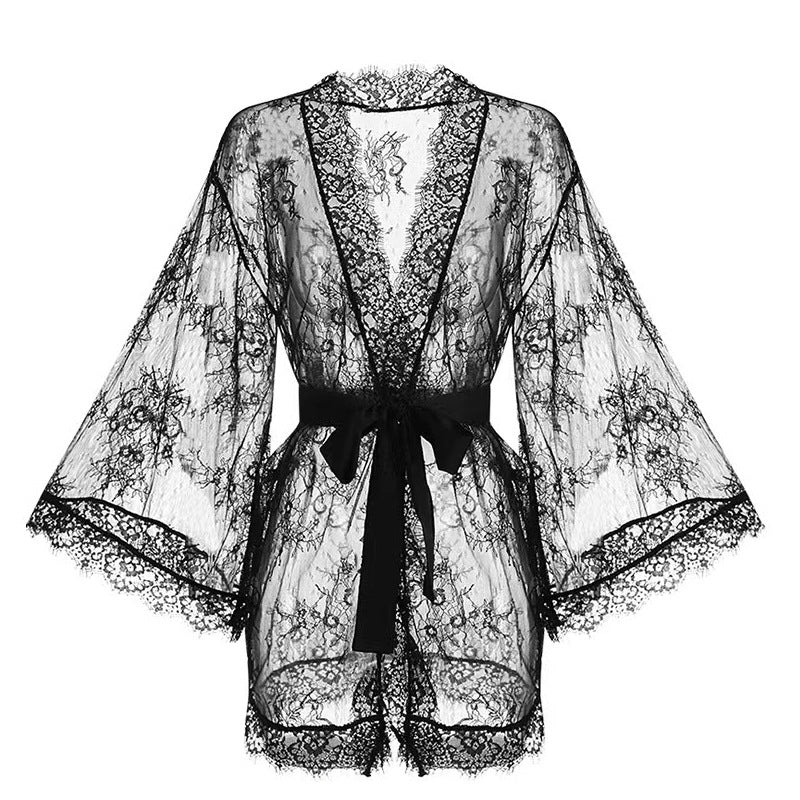 Women Fashion Sexy Solid Color Lace Perspective Long-Sleeve Lace-Up Dress Pajamas