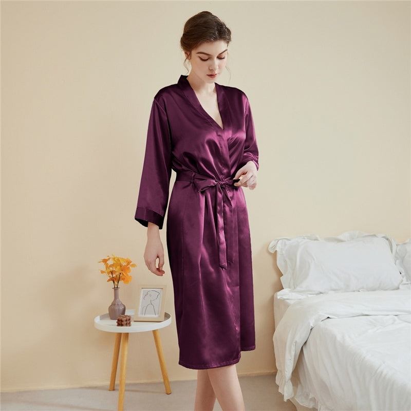 Women Fashion Solid Color Satin Long-Sleeve Lace-Up Loose Pajamas