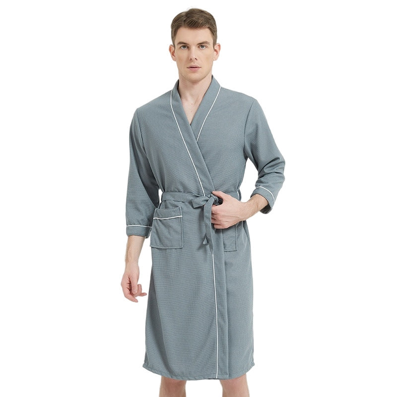Fashion Casual Contrast Color Waffe Bathrobe Lace-Up Nightgown