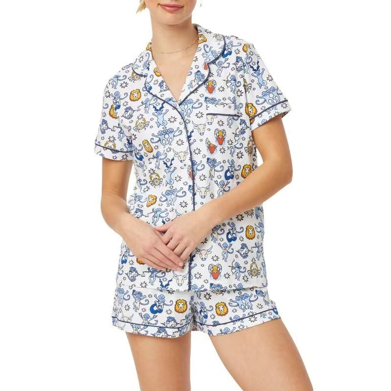 Women Fashion Casual Print Short-Sleeve Top Loose Shorts Pajamas Two-Piece Set