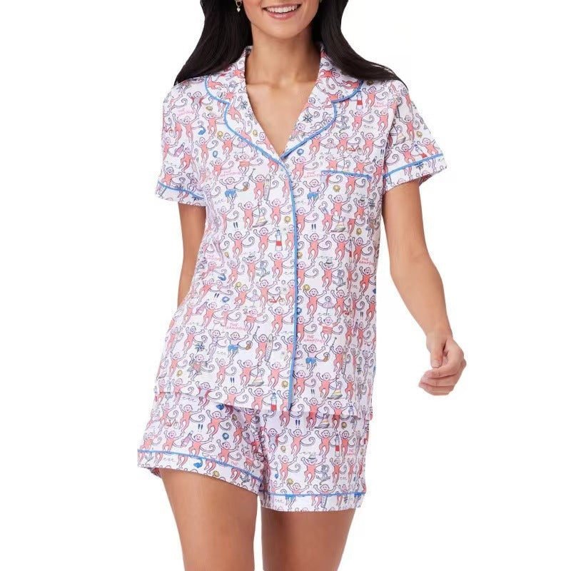 Women Fashion Casual Print Short-Sleeve Top Loose Shorts Pajamas Two-Piece Set