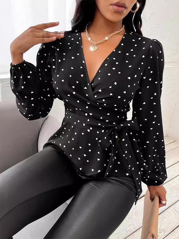 Long Sleeves Puff Sleeves Heart Print Tied Waist Deep V-Neck Blouses&Shirts Tops
