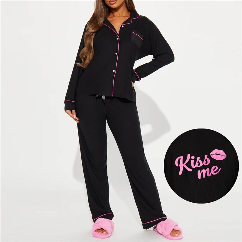 Women Fashion Casual Autumn And Winter Printed Lapel Long Sleeve Top Loose Pants Pajamas Set