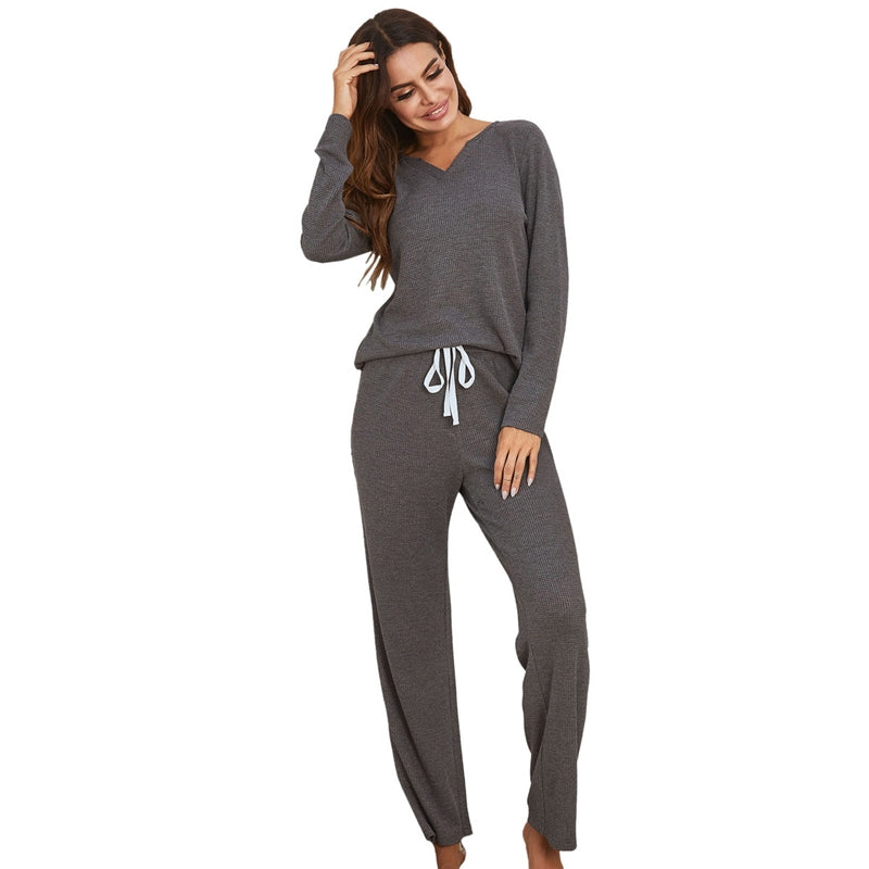 Women Fashion Autumn And Winter Solid Color V-Neck Long Sleeve Top Loose Pants Pajamas Two-Piece Set