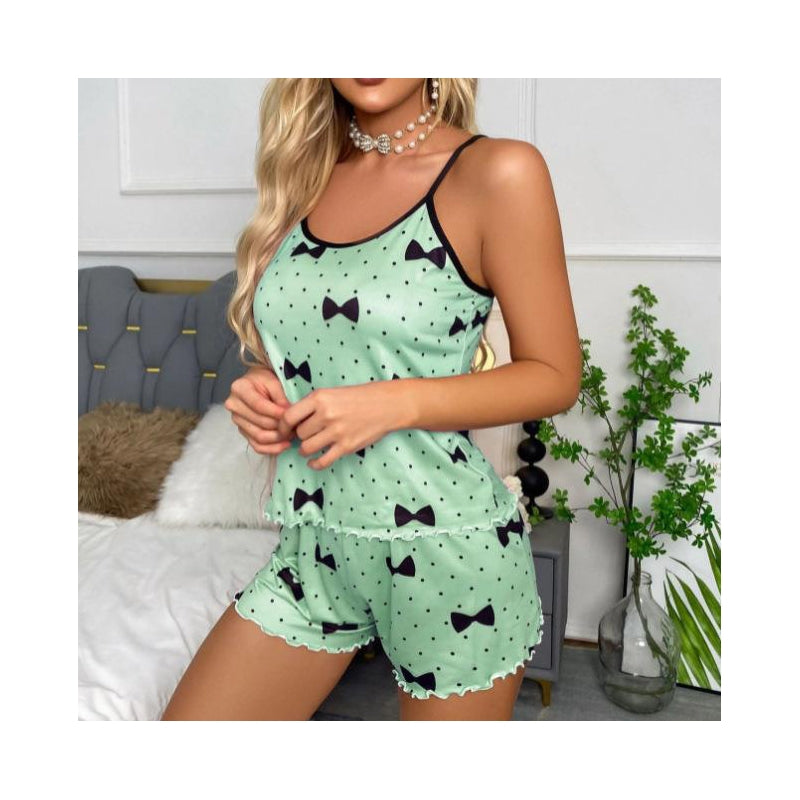 Women Fashion Sexy Love Printed Camisole Loose Shorts Pajamas Two-Piece Set