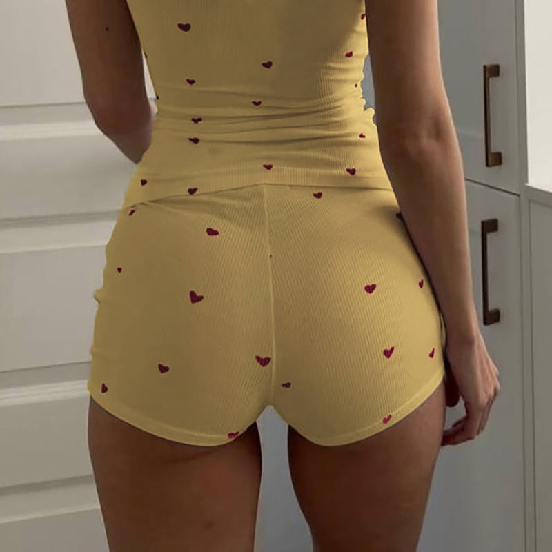 Women Fashion Sexy Love Printed Round Neck Sleeveless Tank Top Tight Shorts Pajamas Two-Piece Set