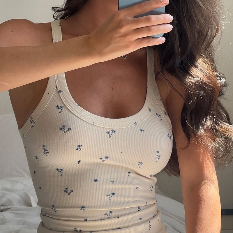 Women Fashion Casual Floral Printed Sleeveless Tank Top Slim Fit Pants Pajamas Two-Piece Set