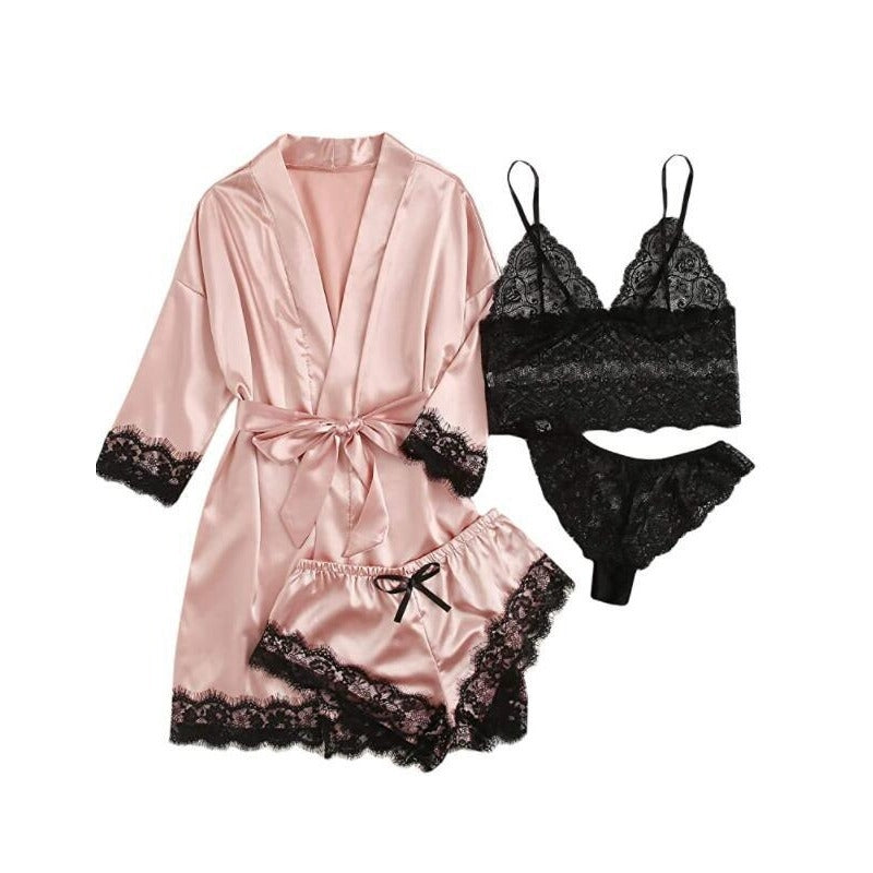 Sexy Women Lace Splicing Straps Long Sleeves Home Pajamas Four-Piece Set