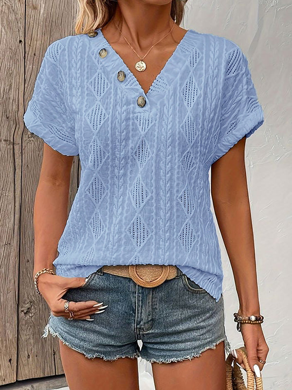 Loose Short Sleeves Buttoned Solid Color V-Neck T-Shirts Tops