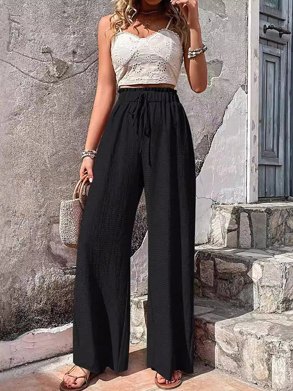 Loose Wide Leg Drawstring Elasticity Solid Color Split-Joint Pants Trousers