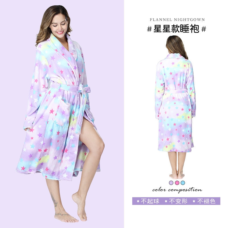 Women Fashion Casual Rainbow Star Python Print Lel Long Sleeve Nightgown