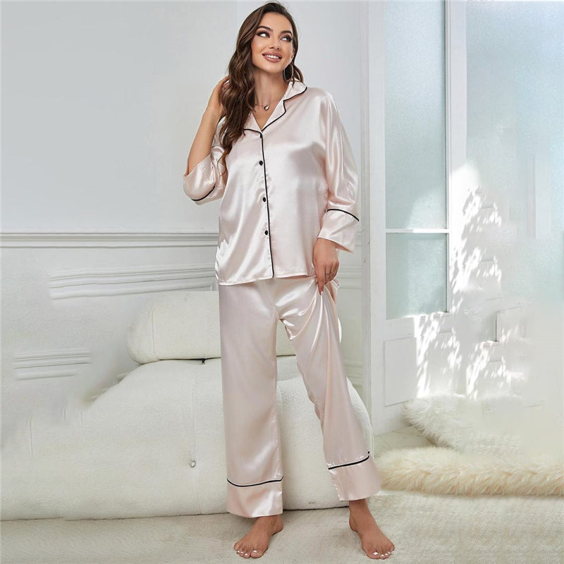 Women Fashion Casual Lapel Long-Sleeved Top Loose Pants Pajamas Two-Piece Set