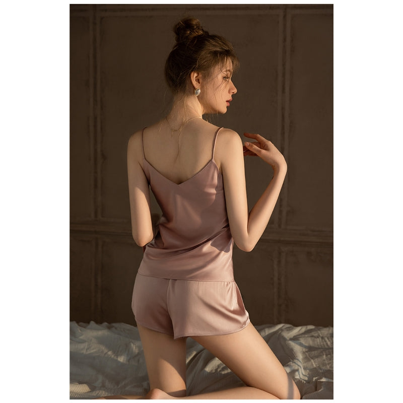 Women Fashion Sexy Solid Color Ice Silk Camisole Loose Shorts Pajamas Two-Piece Set