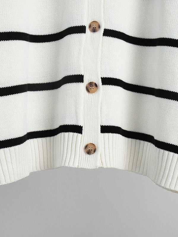 Long Sleeves Loose Split-Joint Striped V-Neck Cardigan Tops