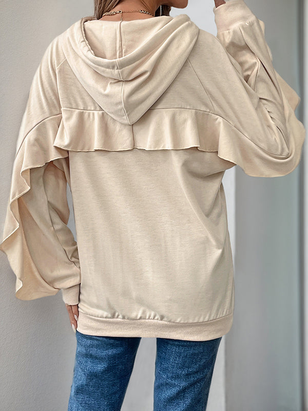 Long Sleeves Loose Drawstring Ruffle Trim Solid Color Split-Joint Hoodies Tops