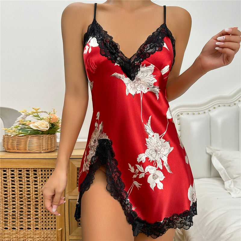 Women Fashion Sexy Imitation Silk Printed Lace Splice Spaghetti Strap Split Dress Pajamas