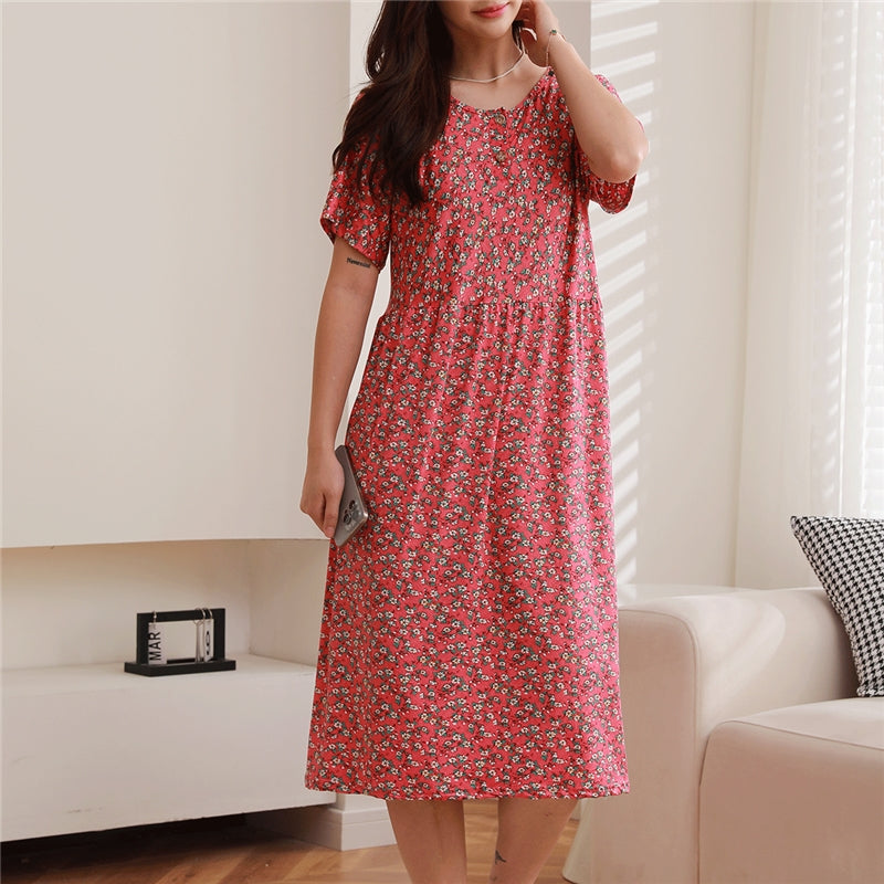 Women Fashion Casual Floral Printed Short Sleeve Loose Dress Pajamas