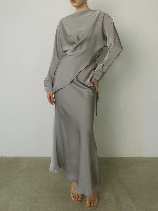 Loose Solid Color Split-Joint Boat Neck Long Sleeves Blouse & Shirt + Skirt Two Pieces Set