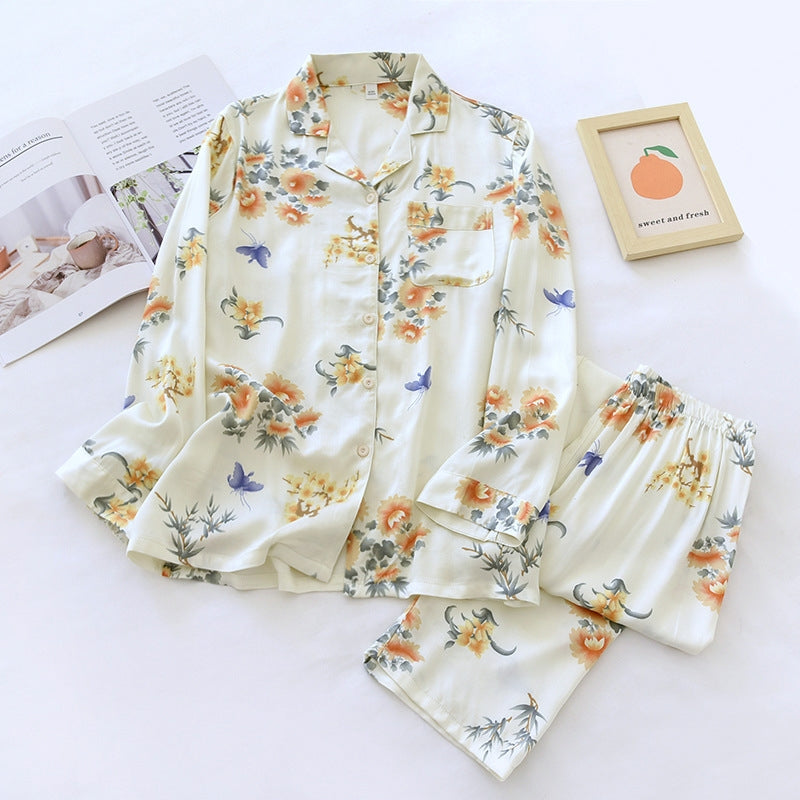 Women Casual Satin Cotton Floral Printed Lapel Long-Sleeve Top Loose Pants Pajamas Set