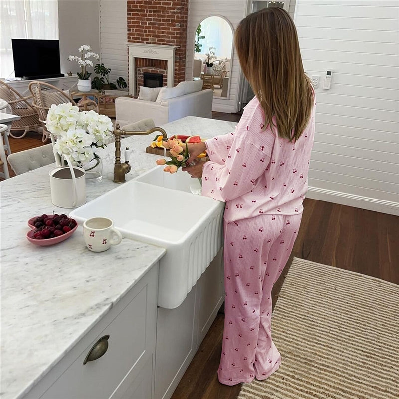 Women Fashion Casual Cherry Printed Lapel Long-Sleeve Top Loose Pants Pajamas