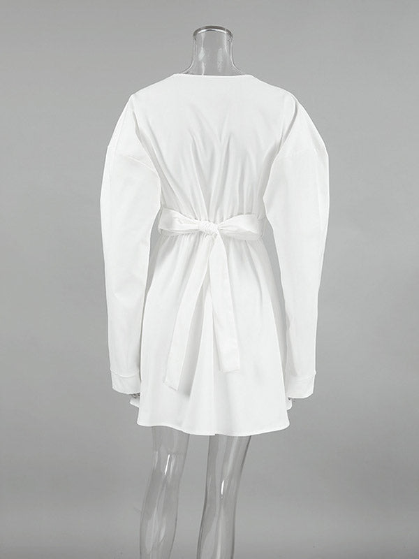 Long Sleeves Loose Pleated Solid Color Split-Joint Tied Waist V-Neck Mini Dresses Shirt Dress