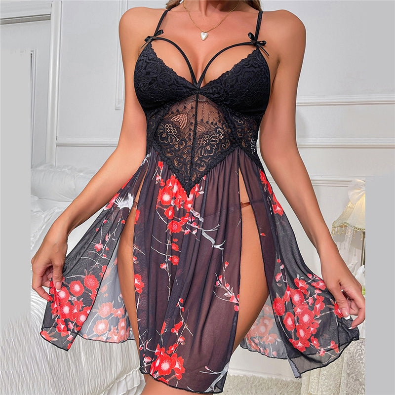 Women Fashion Sexy Lace Mesh Printed Perspective Sex Pajamas