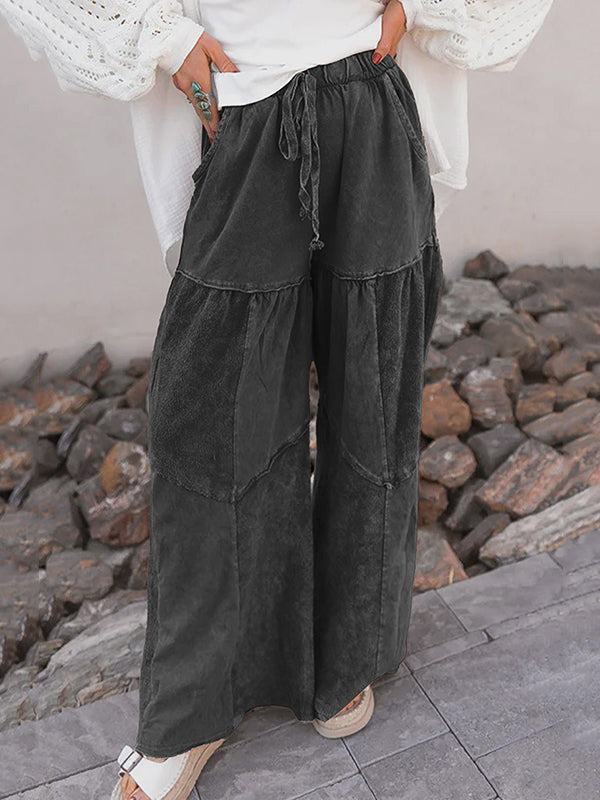 High Waisted Loose Drawstring Pleated Pockets Solid Color Split-Joint Pants Trousers