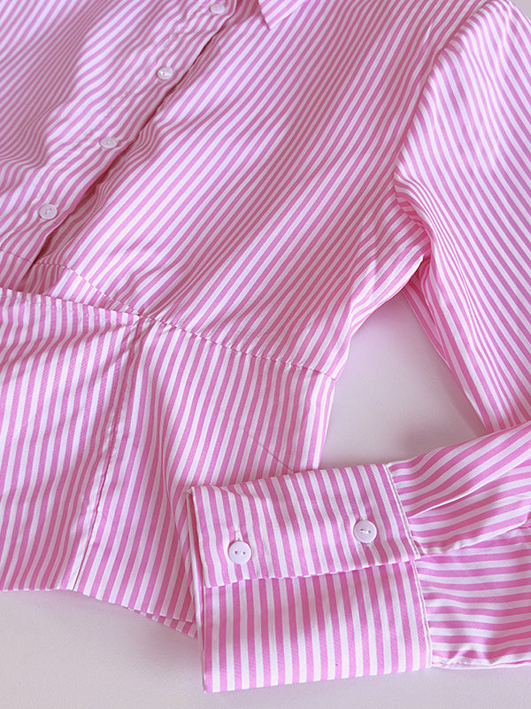 Long Sleeves Loose Asymmetric Split-Joint Striped Lapel Blouses