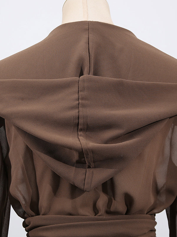Long Sleeves Loose Pleated See-Through Solid Color Tied Waist Hooded Blouses&Shirts Tops