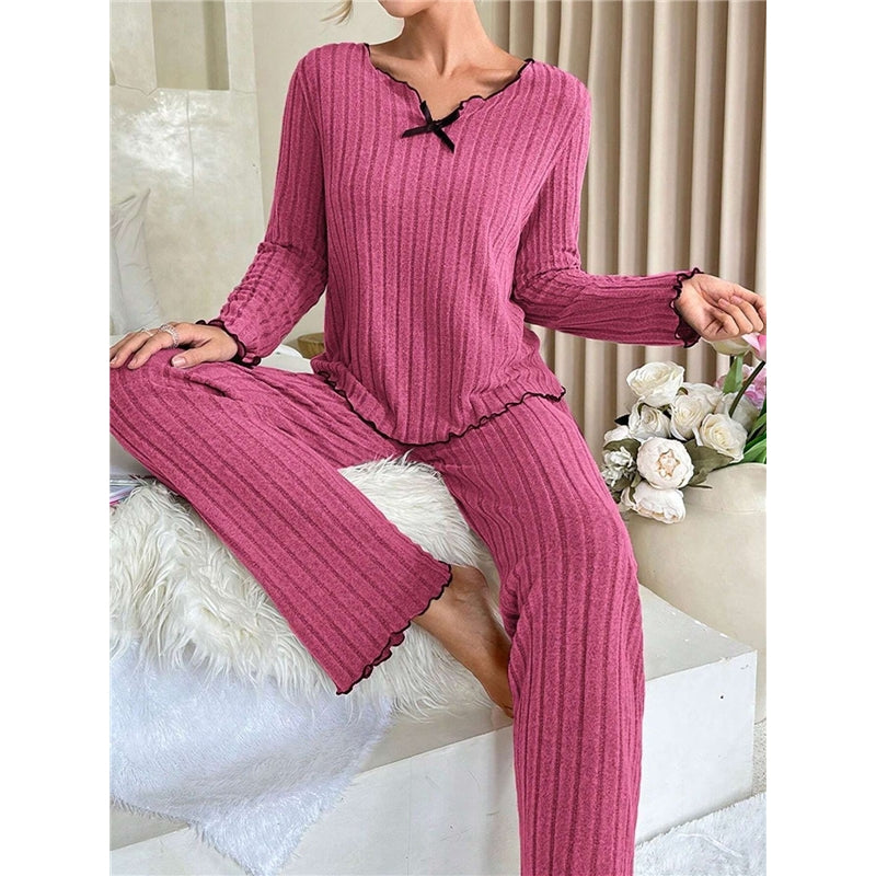 Women Casual Solid Color Wood-Ear Pajamas Longewear Two-Piece Set
