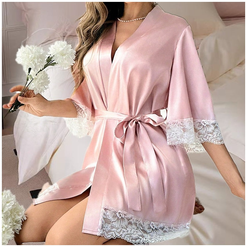Women Sexy Lace Splicing Mid-Sleeve Lace-Up Pajamas