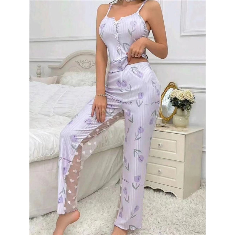 Women Fashion Sexy Printed Camisole Splicing Pants Pajamas Two-Piece Set