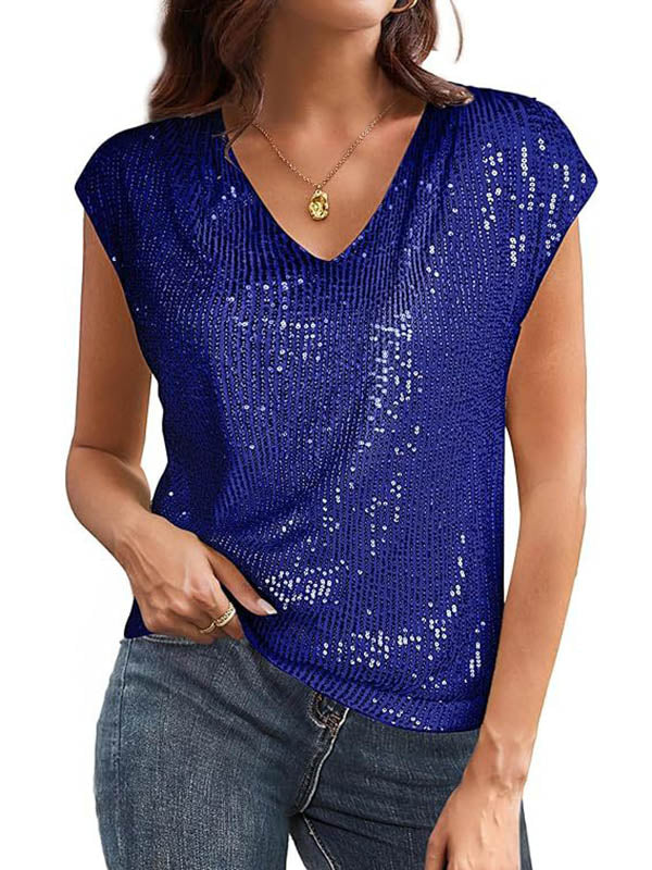 Loose Raglan Sleeve Sequined Solid Color V-Neck T-Shirts Tops