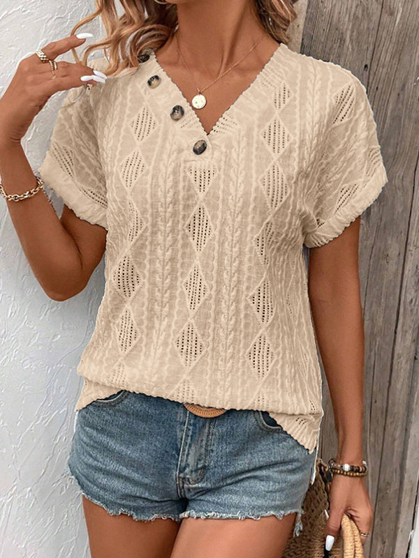 Loose Short Sleeves Buttoned Solid Color V-Neck T-Shirts Tops