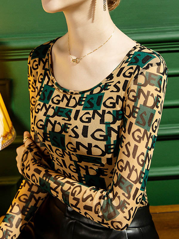 Long Sleeves Skinny Contrast Color Letter Print Round-Neck T-Shirts Tops