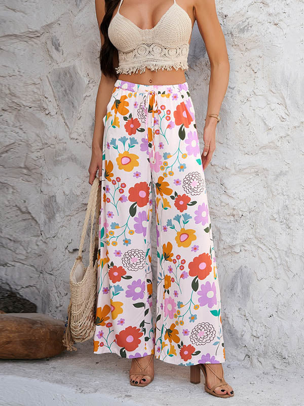 High Waisted Loose Contrast Color Drawstring Flower Print Pockets Pants Trousers