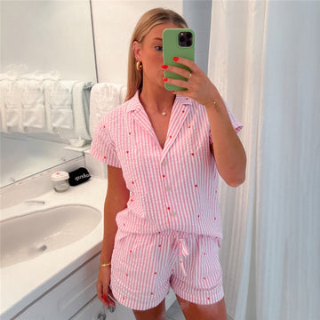 Women Fashion Casual Stripe Lapel Short-Sleeve Top Loose Shorts Pajamas Two-Piece Set