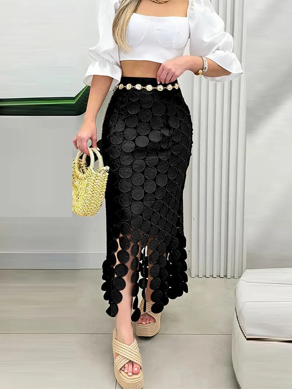 Bodycon High Waisted Solid Color Split-Joint Tasseled Skirts