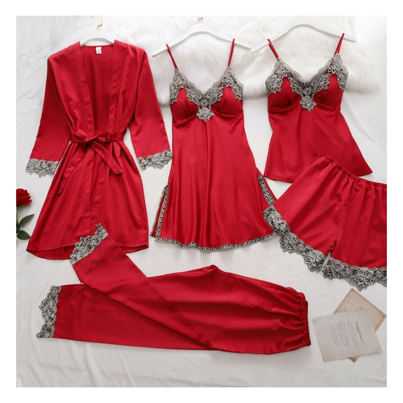 Women Elegant Edgy Color Blocking Casual Satin Sleeveless Camisole And Shorts Pajamas Five Pieces Set