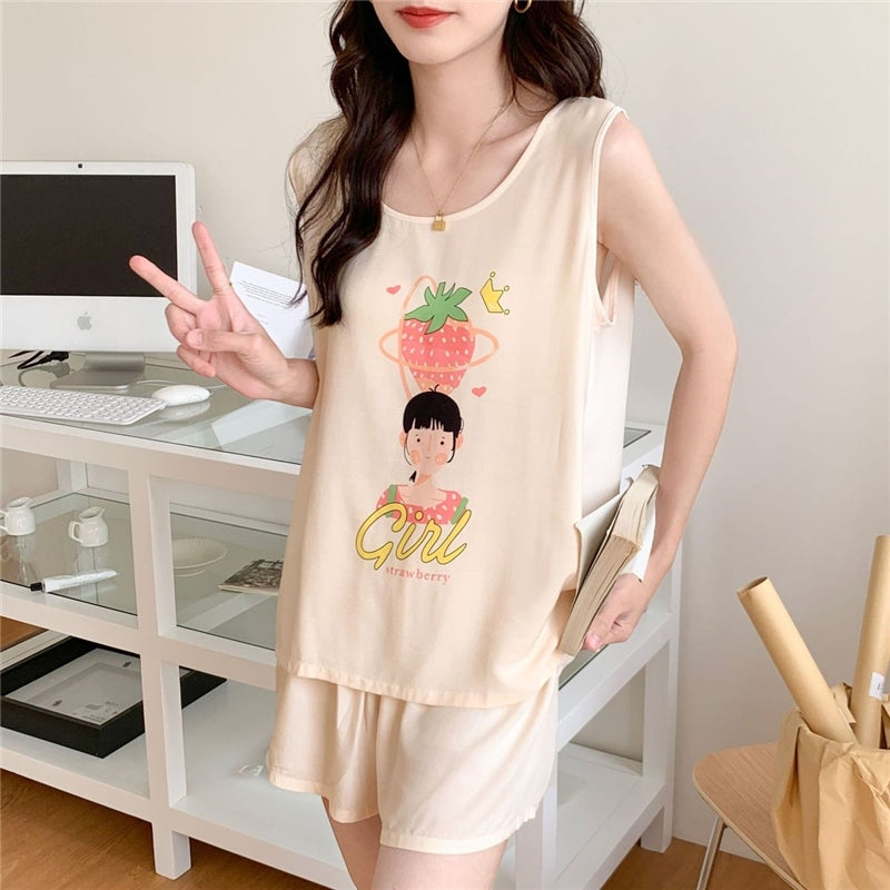 Women Fashion Casual Printed Tank Top Loose Shorts Cotton Silk Pajamas Two-Piece Set