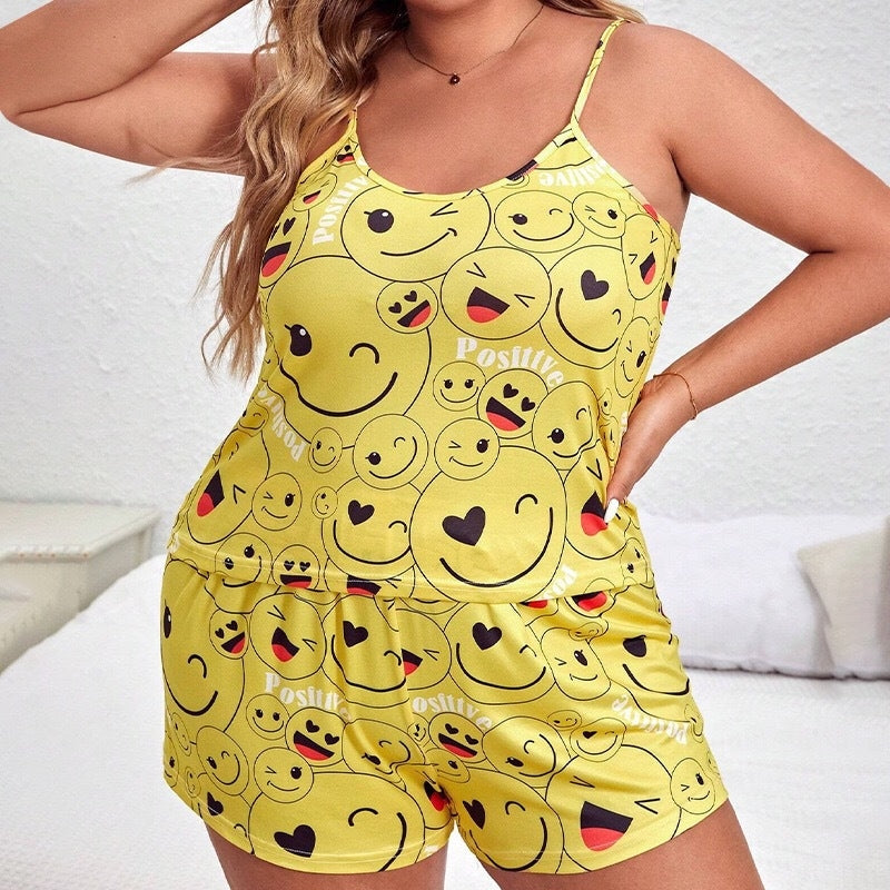 Women Plus Size Smiley-Print Pajamas Two-Piece Set