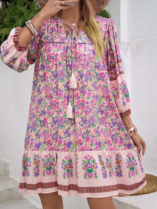 A-Line Loose Contrast Color Drawstring Flower Print Pleated Split-Joint V-Neck Mini Dresses