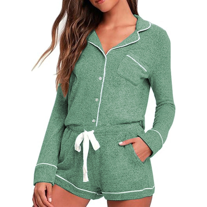 Women Fashion Casual Lapel Long Sleeve Pocket Top Drawstring Shorts Pajamas Two-Piece Set