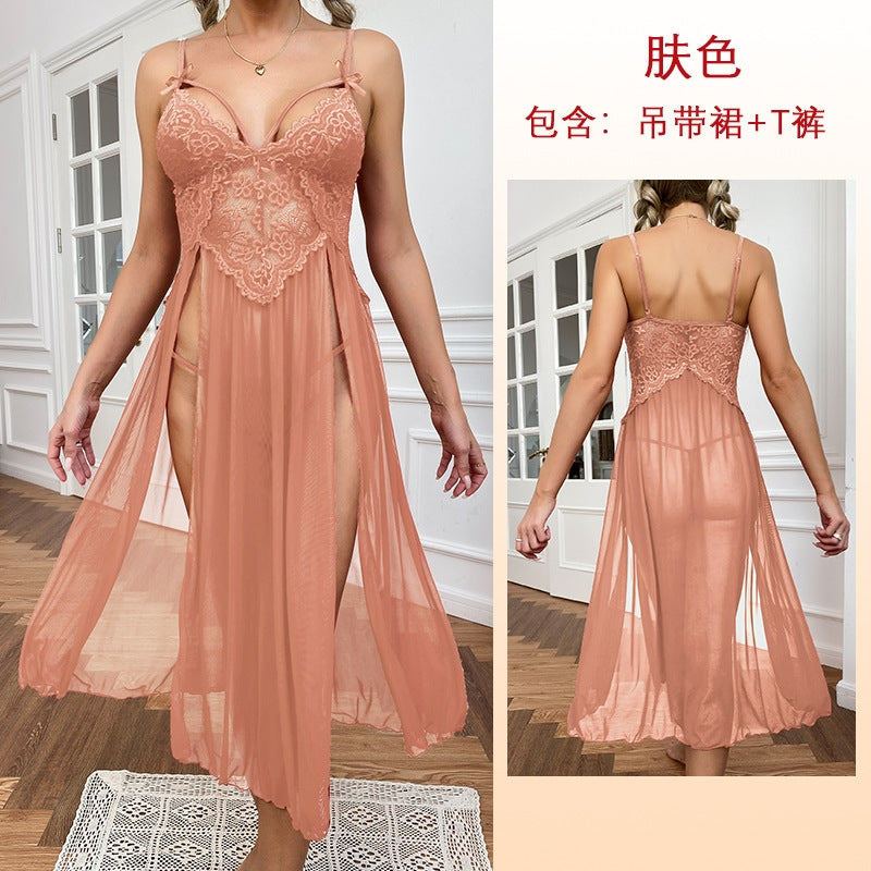 Women Fashion Sexy Deep V Lace Mesh Split Home Pajamas Set