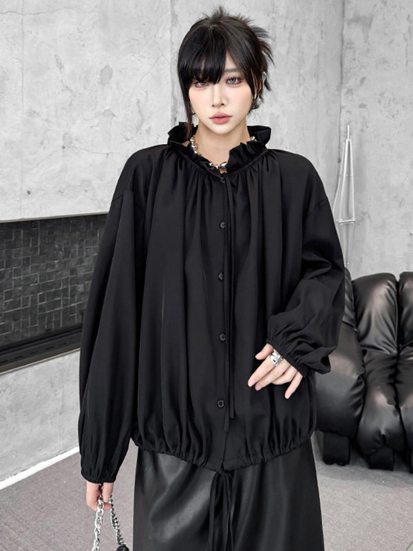 Long Sleeves Loose Drawstring Pleated Pullover Design Solid Color Lace Collar Blouses&Shirts Tops