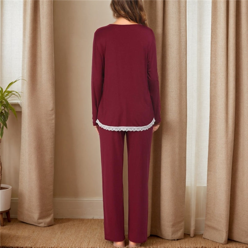 Women Fashion Causal Lace Stitching V-Neck Long Sleeve Top Loose Pants Pajamas Set