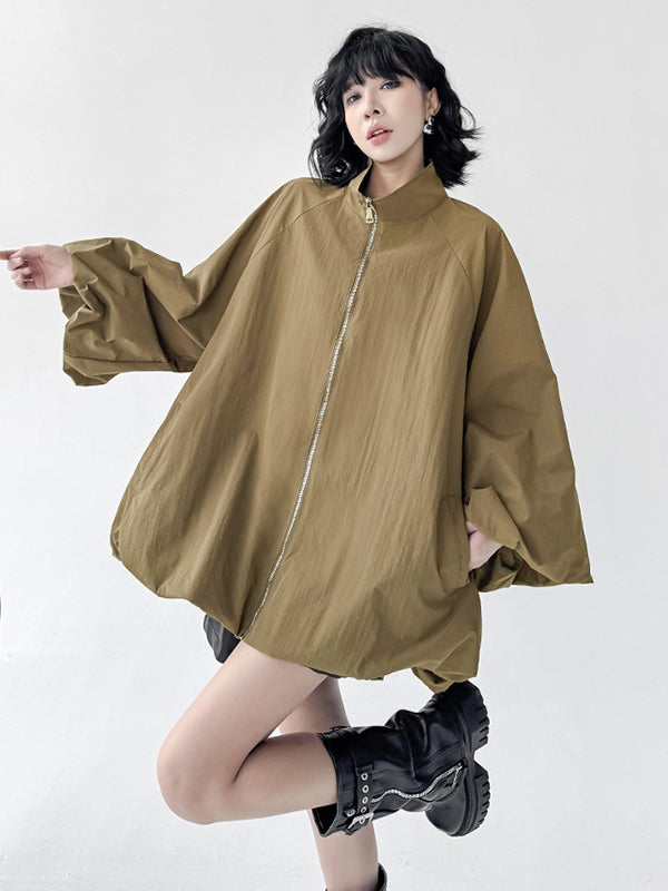 A-Line Long Sleeves Buttoned Solid Color Zipper Stand Collar Outerwear Windbreakers